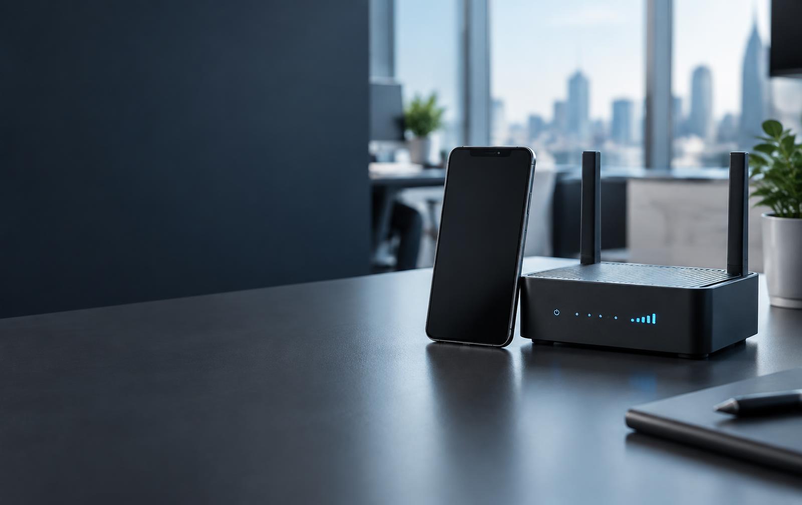 Business smartphone and mobile data router in a modern office